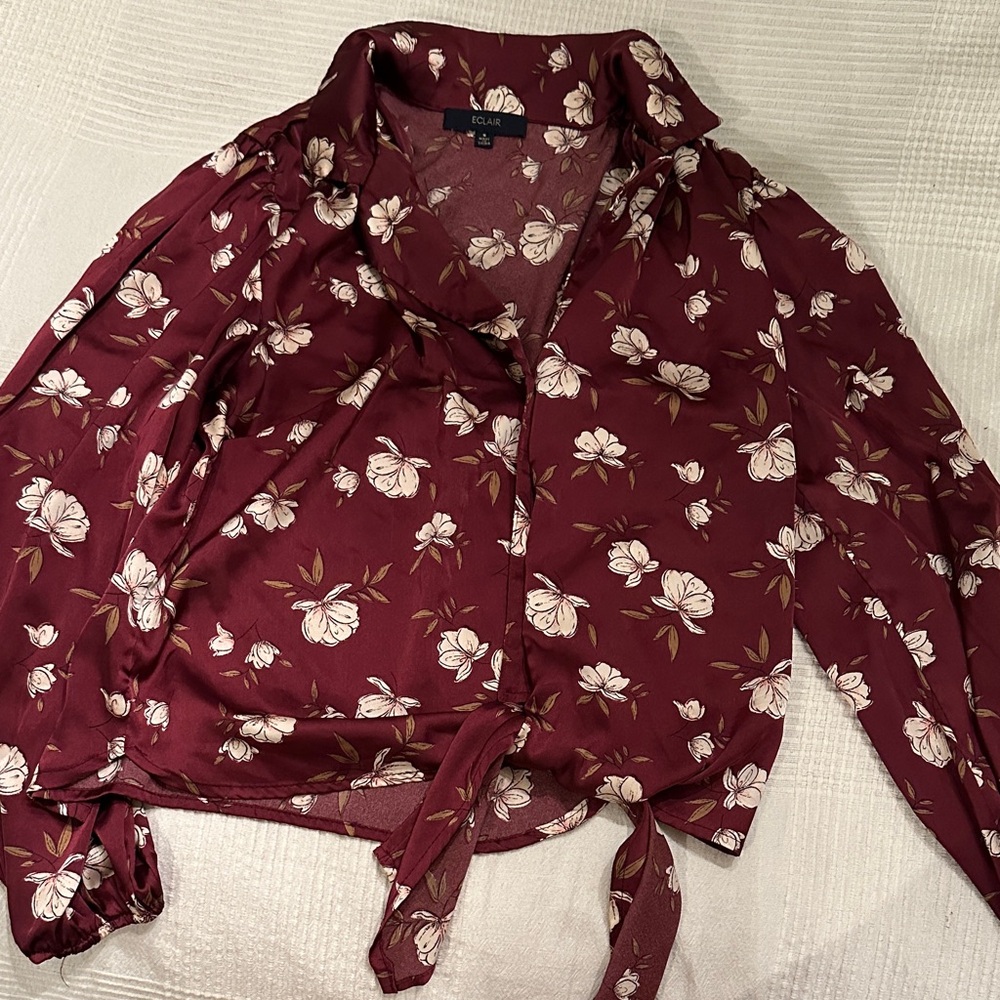 Eloquii Burgundy Floral Tie-Front Blouse